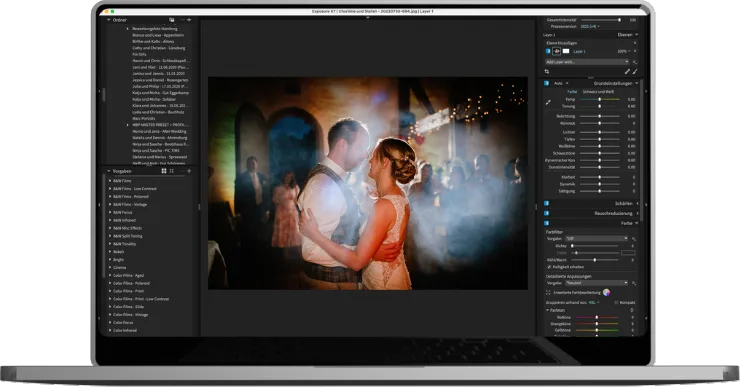Exposure X7 Screenshot mit Hochzeitsfoto und Bearbeitungswerkzeugen