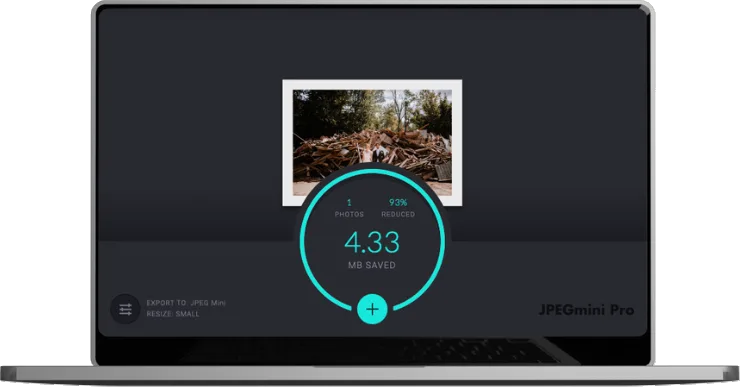 JPEGMini Pro Interface zeigt Fotokomprimierung mit 95% Reduktion und 4,33 MB Einsparung