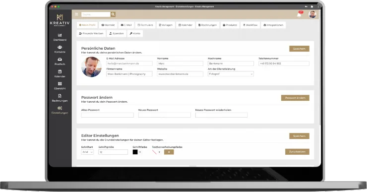 Kreativ.Management Dashboard mit persönlichen Daten, Passwort und Editor-Einstellungen