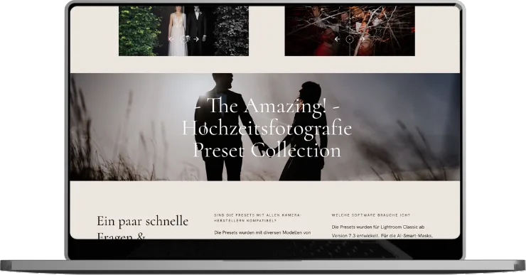 Webseite der Amazing Hochzeitsfotografie Preset Collection mit Brautpaar-Silhouette