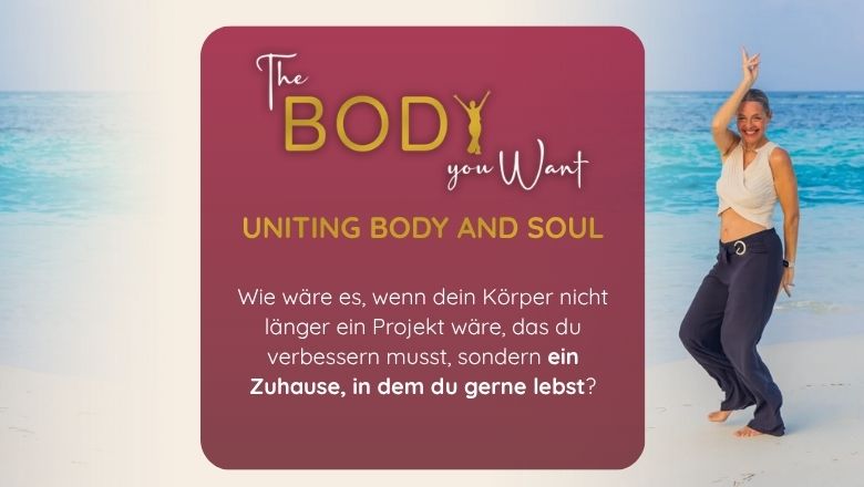 Hero-Banner für The Body You Want mit Frau am Strand und Text zur Körper-Seele-Integration