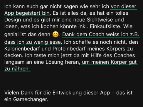 App-Feedback zur TBYW Anwendung mit Testimonial über Coach und Ernährungsziele