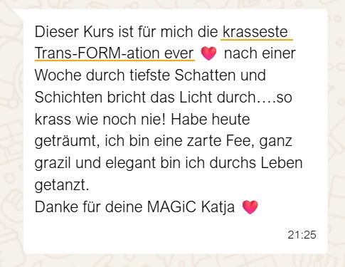 Kundenstimme: Kurs beschrieben als größte Transformation mit Herz-Emoji