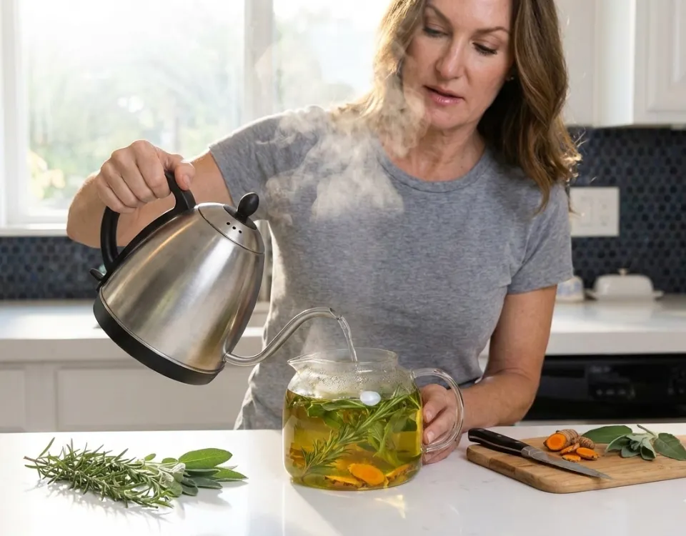 The Herbal Remedy Companion – E-Book über Kräuter-Hausmittel 18 Frau gießt heißes Wasser über Kräutermischung mit Rosmarin und Kurkuma