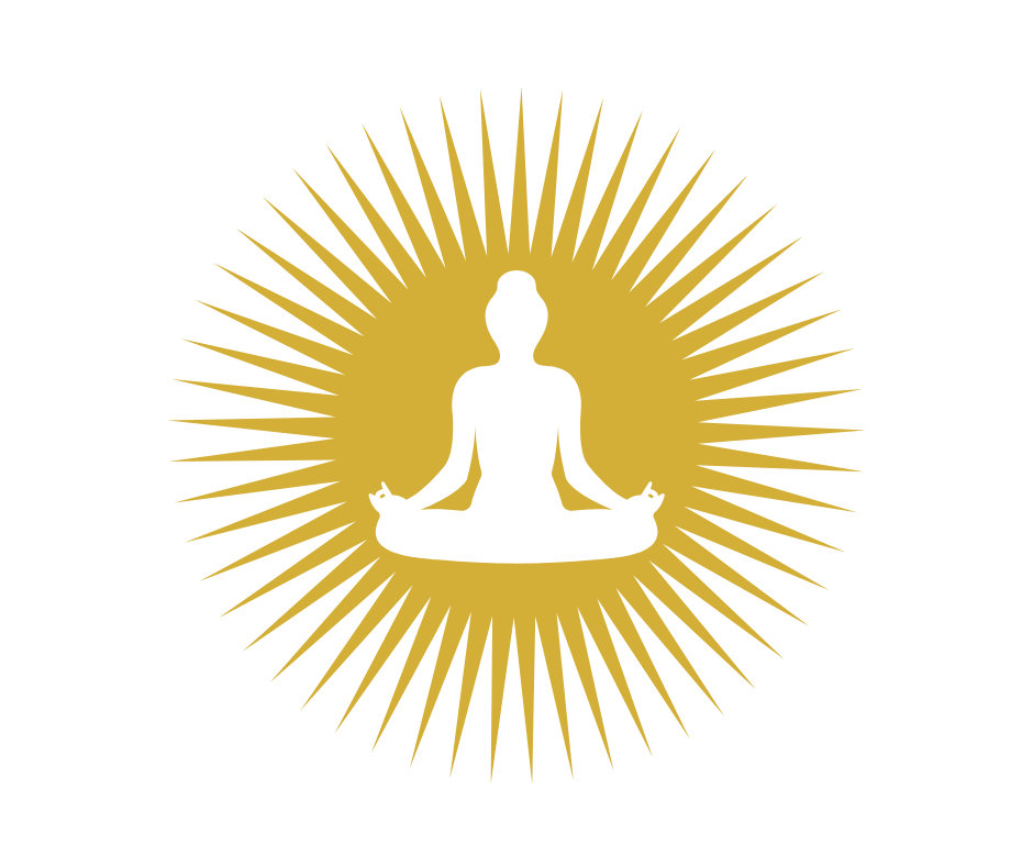 Meditationssymbol mit Yogi-Silhouette in goldenem Strahlenkranz