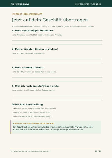 Originalseite 25 mit Arbeitsfeldern für Zeitbedarf, Kosten und Preisplanung