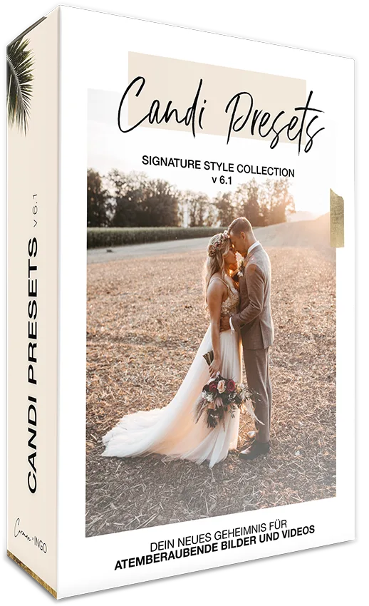The Roadtrip – Videokurs zur Fotobearbeitung 9 CANDI Presets v6.1 Signatur Style Collection Box mit Hochzeitspaar am Strand