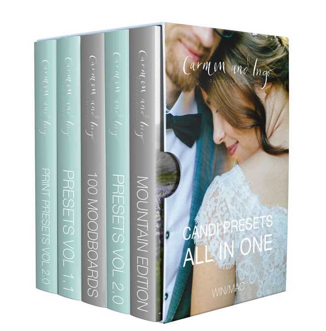 The Roadtrip – Videokurs zur Fotobearbeitung 4 Candi Presets All in One Box mit fünf Büchern in Pastelltönen und Hochzeitsfotografie