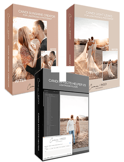 The Roadtrip – Videokurs zur Fotobearbeitung 8 Drei Produktboxen für CANDI Light Effects Bundle mit Sunshine Creator, Light Leaks und Effects Helper