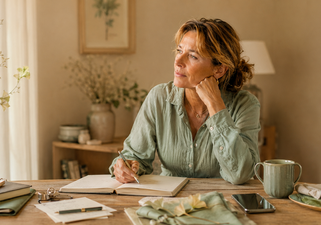 Frau sitzt nachdenklich am Schreibtisch mit Notizbuch, grüner Pullover, helles Wohnzimmer