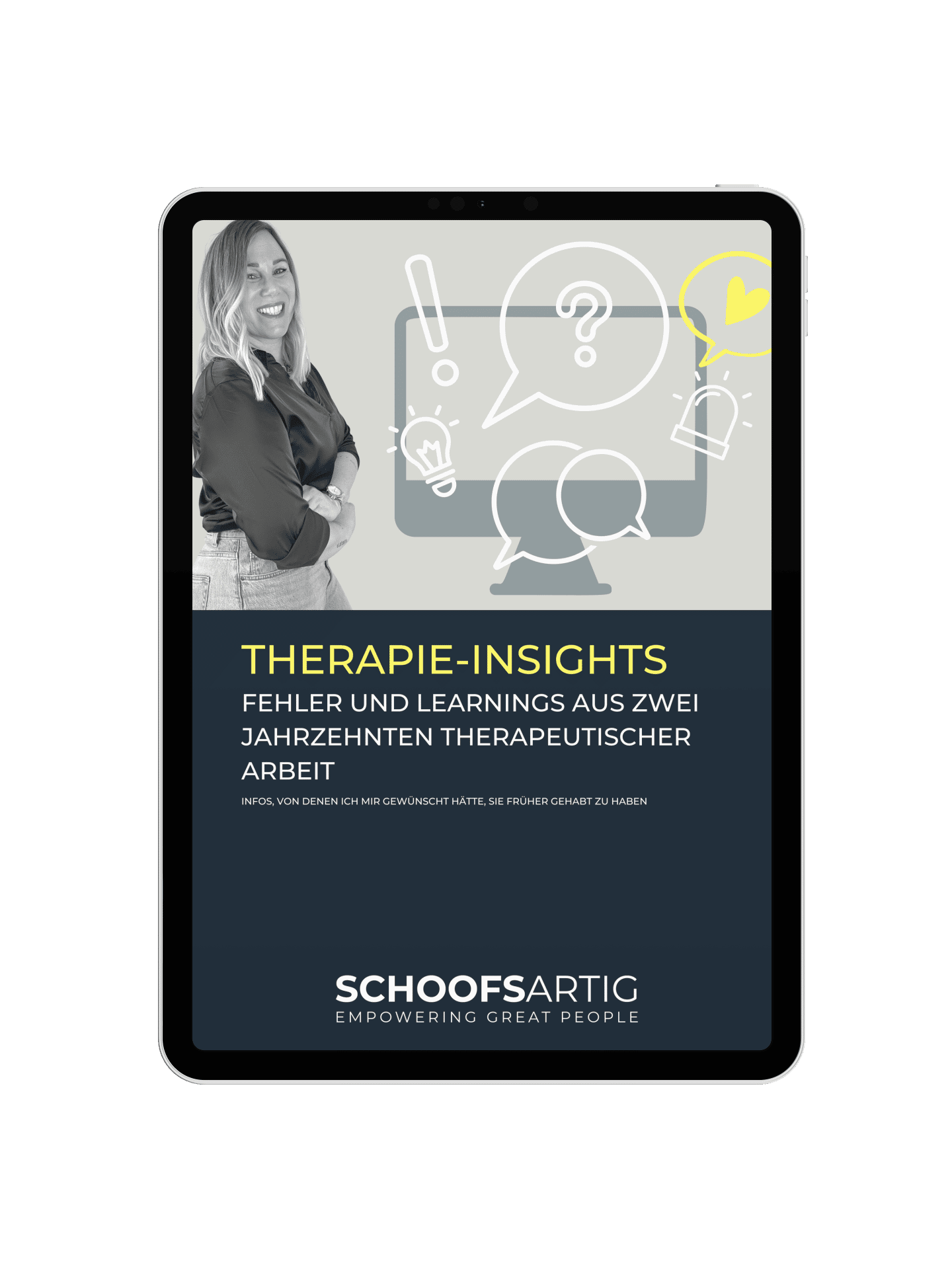 iPad-Mockup Therapie-Insights Kurs mit Frau in schwarzer Bluse und Illustrations-Grafiken