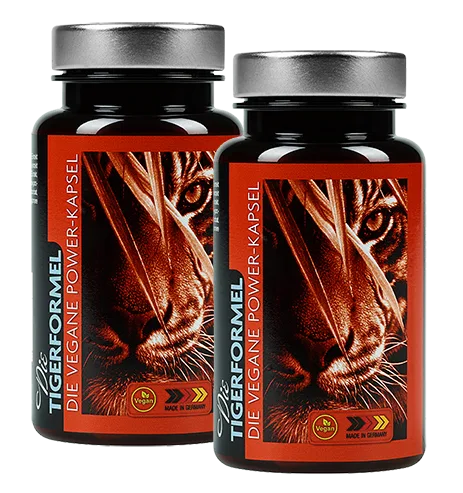 Zwei TigerFormel Flaschen nebeneinander mit Tigerkopf-Design und rotem Etikett