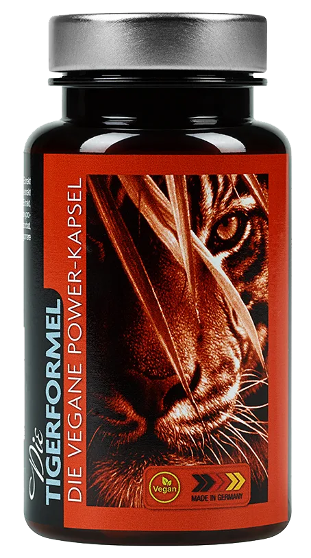 TigerFormel Produktflasche mit Tigerkopf-Design und rotem Etikett
