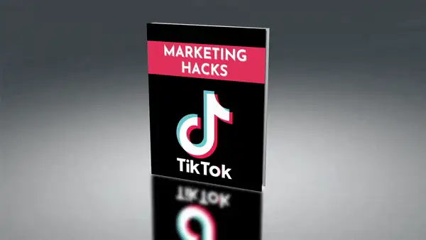 TikTok Marketing Insider-Hacks – Videokurs für Affiliate-Umsatz 5 TikTok Marketing Hacks Buch-Cover mit pinkem Banner und TikTok-Logo auf schwarzem Hintergrund