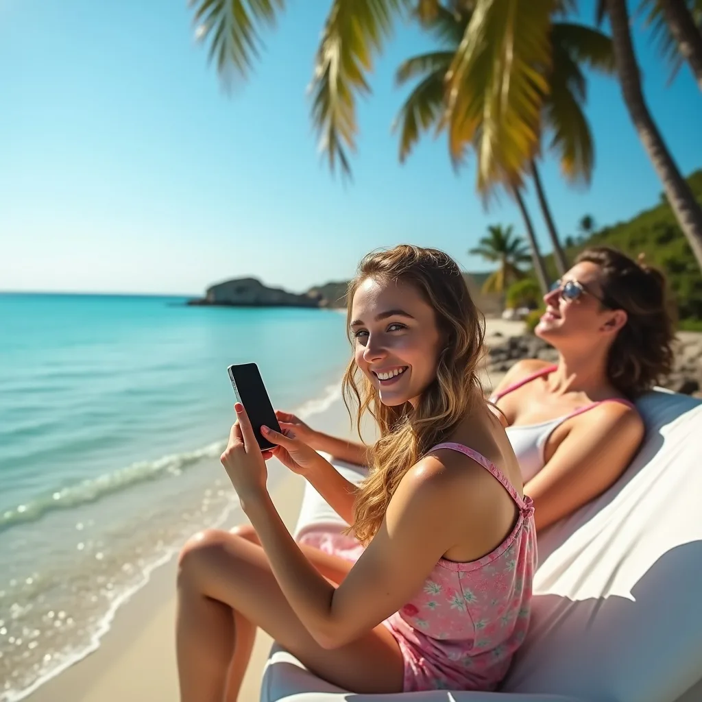 Zwei Frauen am Strand mit Smartphone und Palmen im Hintergrund