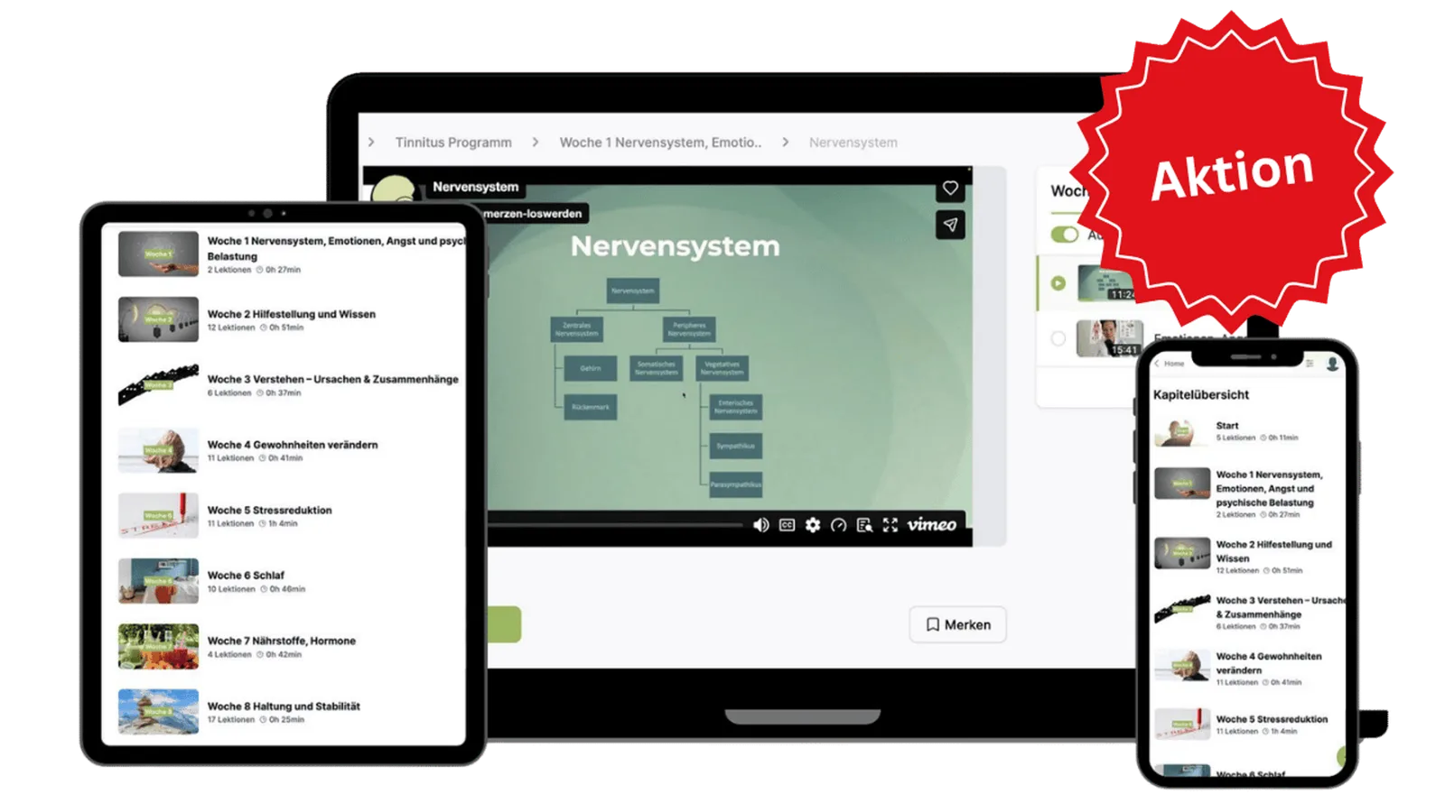 Tinnitus Programm Kurs-Interface auf Tablet, Smartphone und Desktop mit Nervensystem-Diagramm und acht Kurswochen