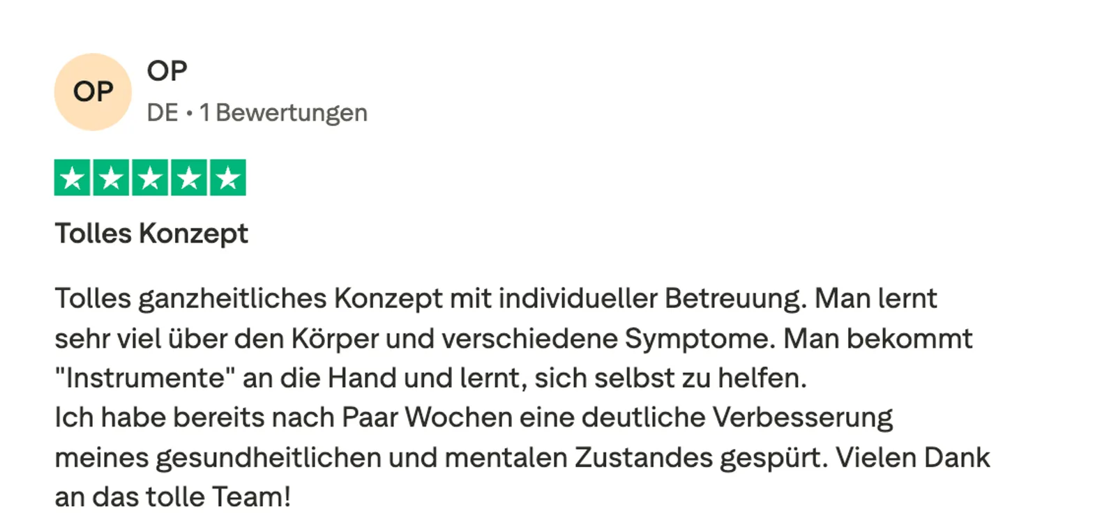 Fünf-Sterne-Bewertung von OP über tolles ganzheitliches Konzept mit individueller Betreuung