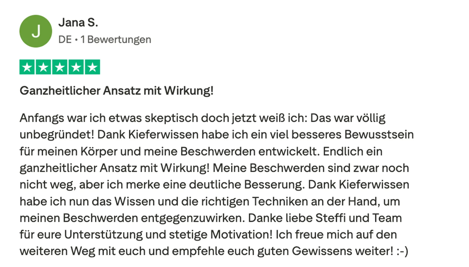 Fünf-Sterne-Bewertung von Jana S. über ganzheitlichen Ansatz mit Wirkung gegen Beschwerden