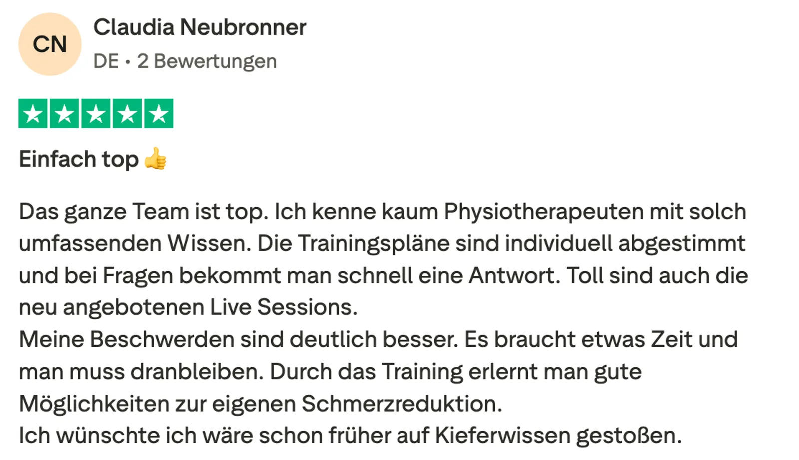 5-Sterne-Kundenbewertung von Claudia Neubronner über Kieferwissen Team und Trainingsqualität