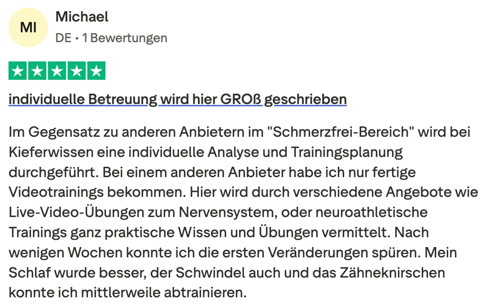 5-Sterne-Kundenbewertung von Michael über individuelle Betreuung und Trainingsplanung bei Kieferwissen