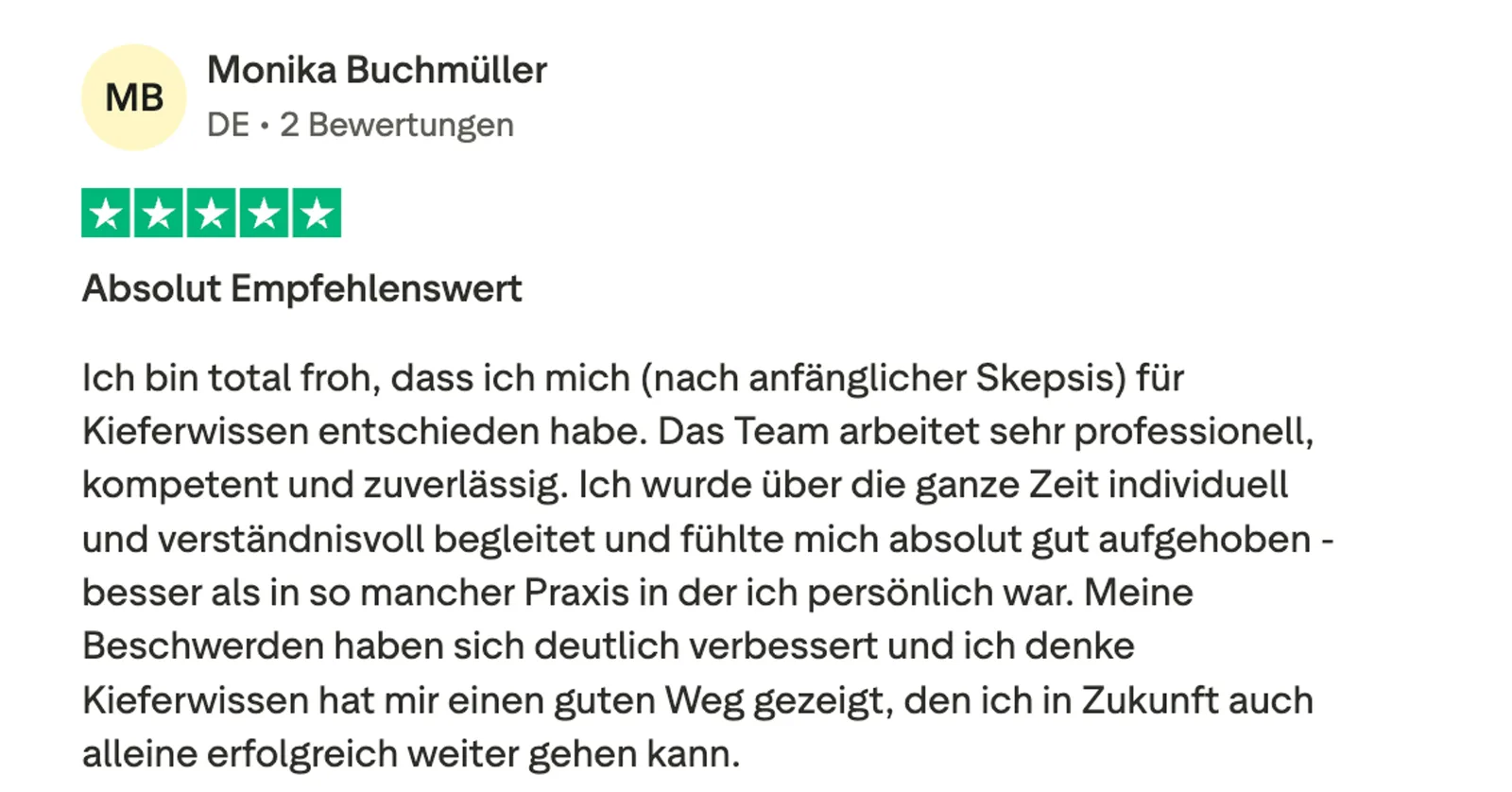 Fünf-Sterne-Bewertung von Monika Buchmüller über professionelles Team und individuelle Begleitung