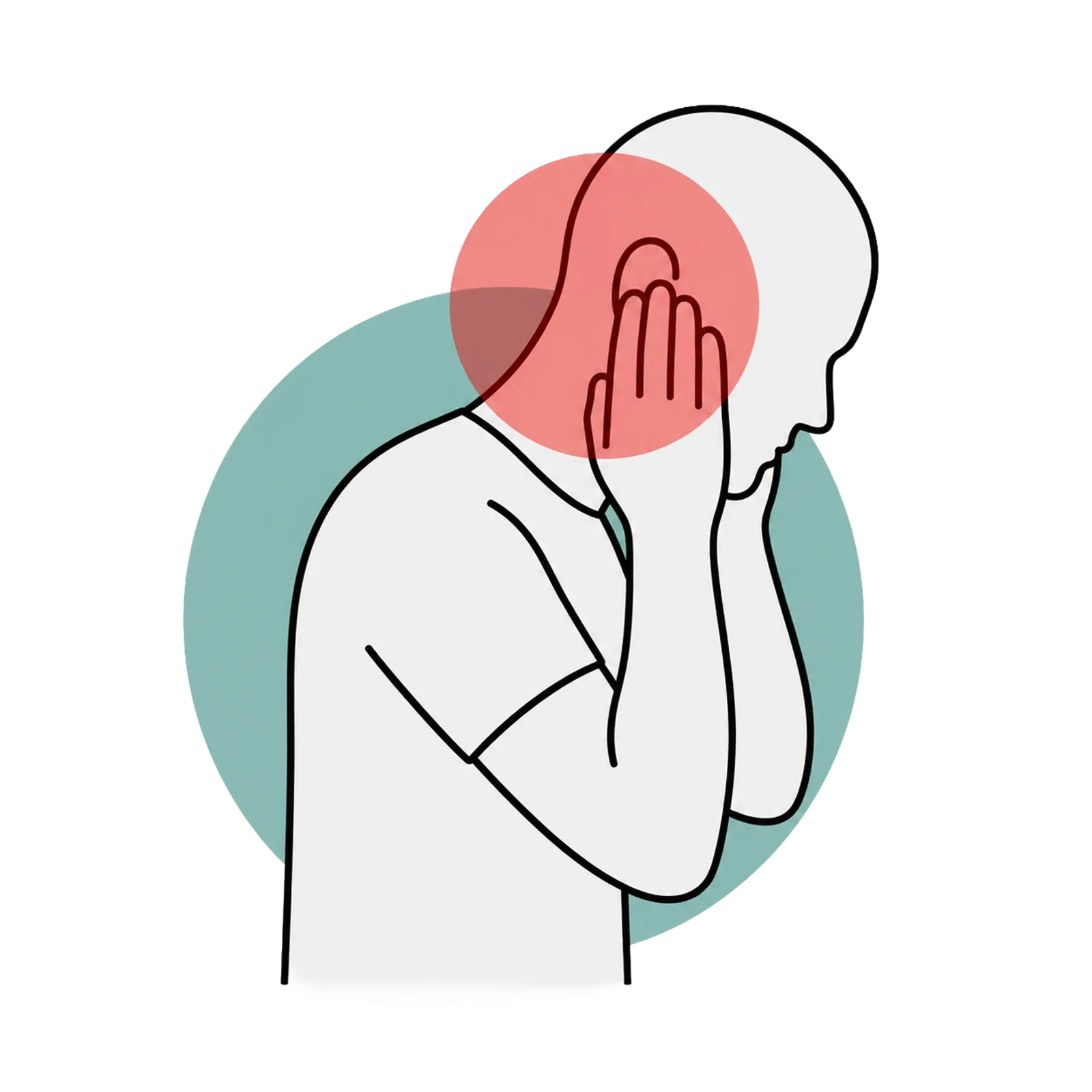 Grafische Illustration einer Person mit Kopfschmerzen und Nervensystem-Aktivität, Teal und Rot Farbschema