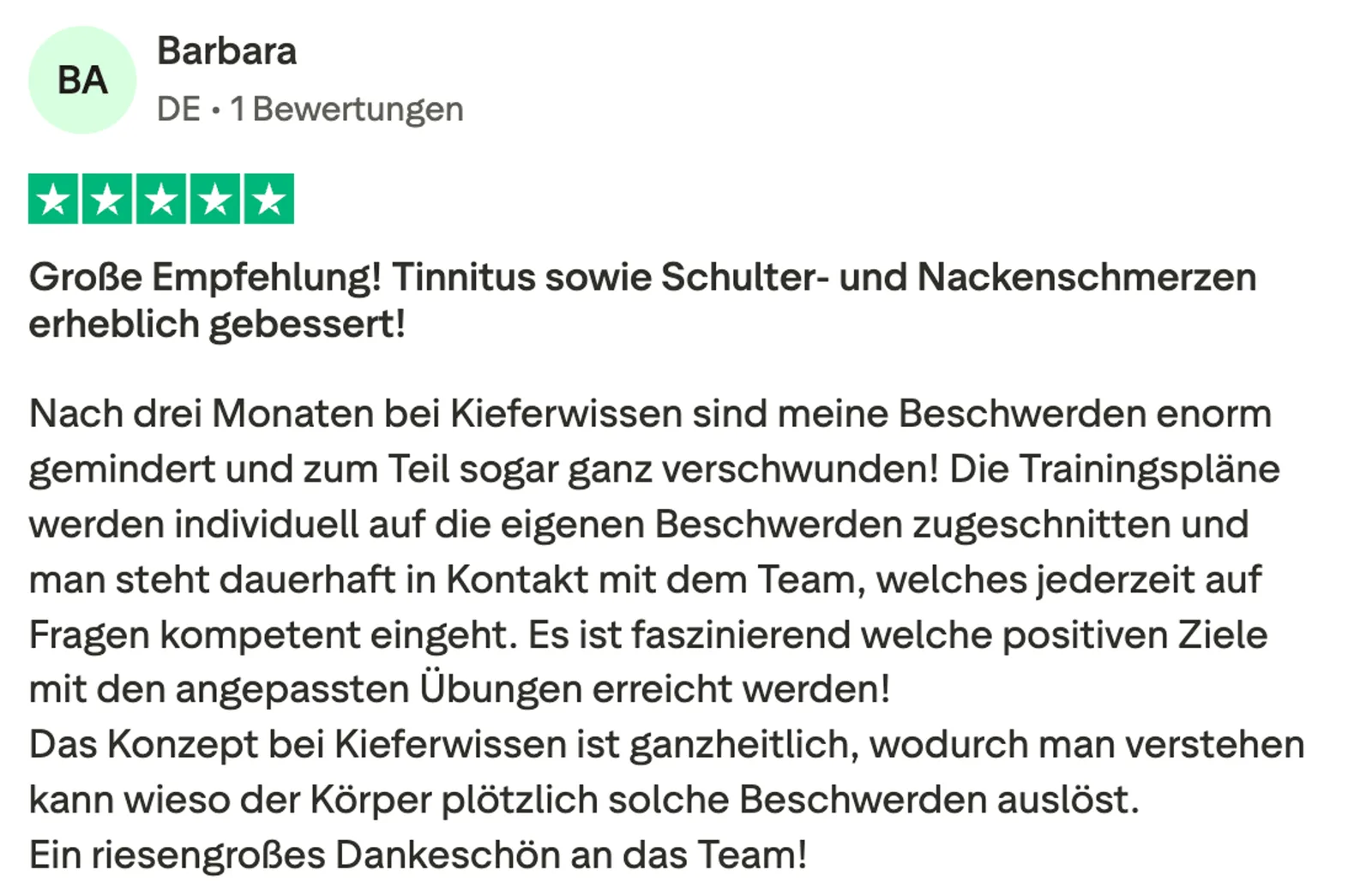 5-Sterne-Kundenbewertung von Barbara über Kieferwissen Kurs mit großer Empfehlung für Tinnitus und Nackenschmerzen