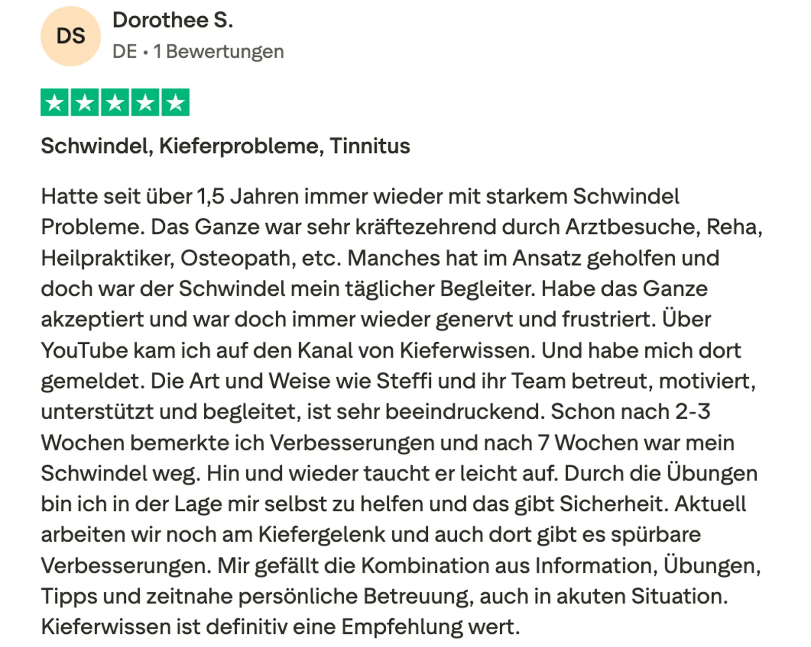 5-Sterne-Kundenbewertung von Dorothee S. über Kieferwissen Tinnitus-Kurs mit detailliertem Erfahrungsbericht