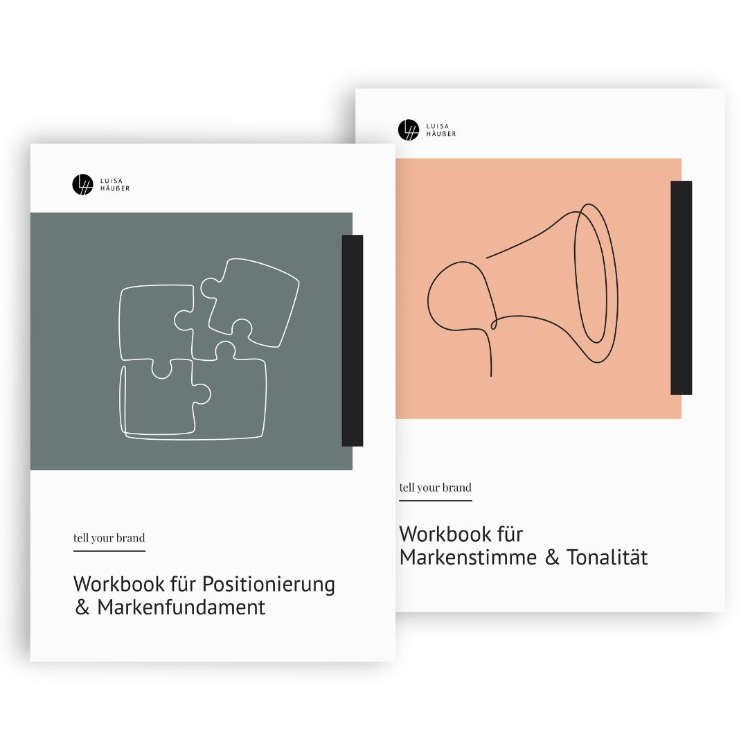 Brand Workbook Cover von Luisa Häußer mit Puzzle-Illustration und Megafon-Symbol in Grau und Rosé