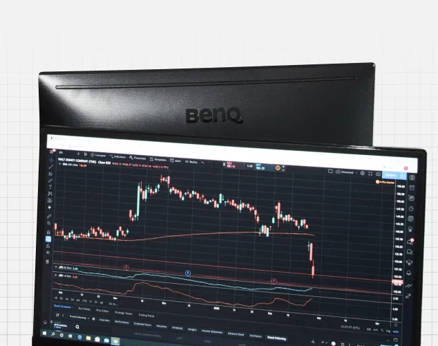 BenQ-Monitor zeigt Forex-Trading-Chart mit Candlesticks, Trendlinien und technischen Indikatoren auf dunklem Interface