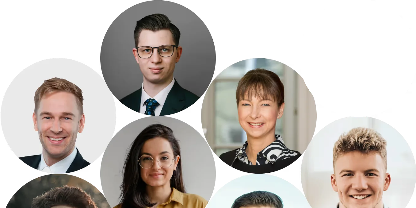 Collage von sechs Porträtfotos lächelnder Personen in professioneller Präsentation