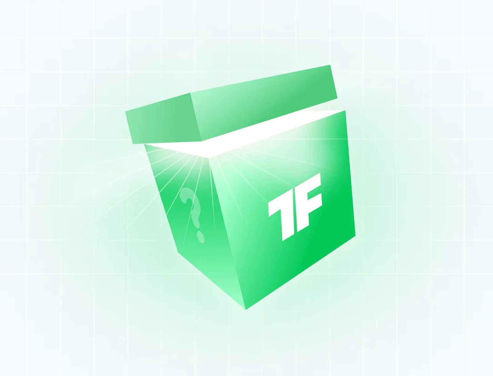3D-Box-Logo mit TF-Schriftzug, grüne Farbe, isometrische Darstellung