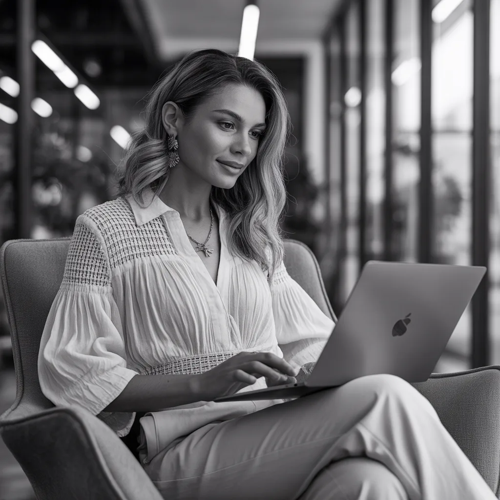 Frau mit Laptop in modernem Büro, Schwarz-Weiß-Porträt, berufliche Atmosphäre, virtuelles Arbeiten