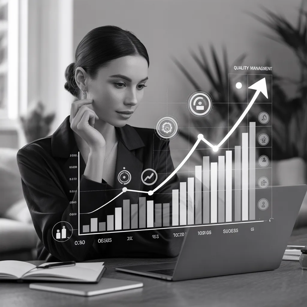 Frau am Laptop analysiert Qualitätsmanagementsystem mit Graphik, Diagrammen und Management-Icons in Schwarz-Weiß