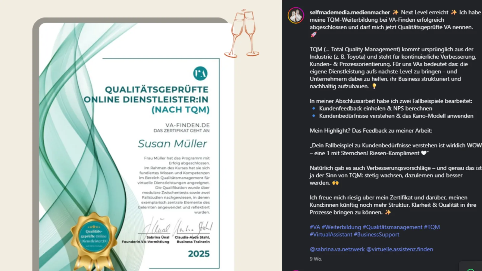 Instagram-Post mit TQM-Zertifikat von Susan Müller und Erfolgsgeschichte über VA-Weiterbildung mit Feedback-Highlights