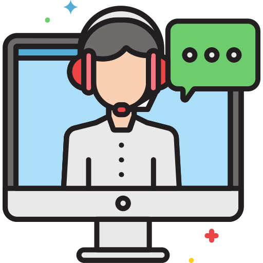 Traderfriends 1-on-1 Coaching – Forex- und Krypto-Mentoring 3 Icon eines Monitors mit Headset-Nutzer und Chat-Sprechblase
