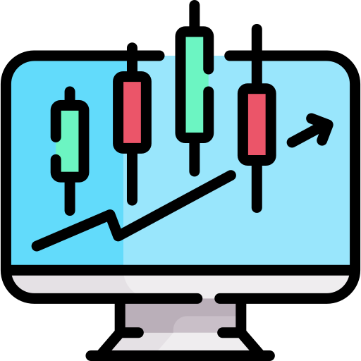 Traderfriends 1-on-1 Coaching – Forex- und Krypto-Mentoring 5 Icon eines Monitors mit Kerzenchart und Trendlinie