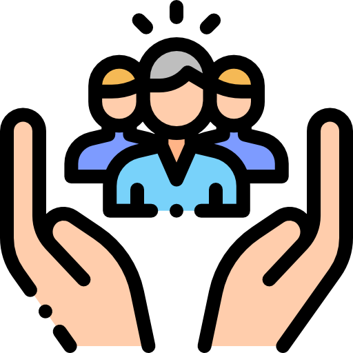 Traderfriends 1-on-1 Coaching – Forex- und Krypto-Mentoring 6 Icon mit offenen Händen, die eine Personengruppe mit Heiligenschein halten