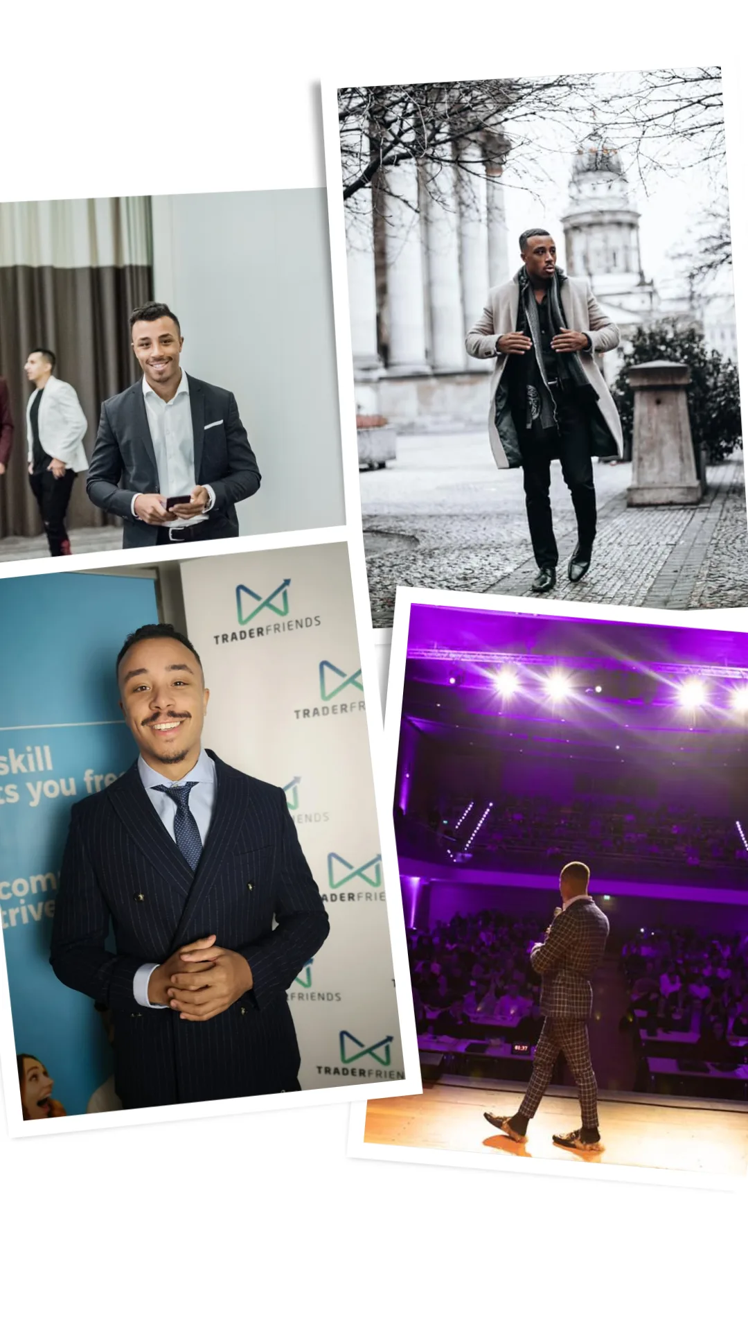Traderfriends 1-on-1 Coaching – Forex- und Krypto-Mentoring 1 Collage mit Traderfriends-Branding, professionelle Personen und Event-Szene mit violetter Beleuchtung