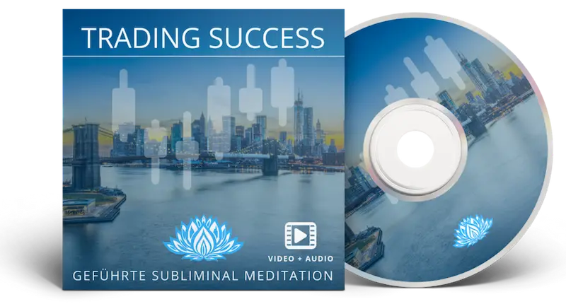 Trading Success Meditation DVD-Cover mit Skyline und Lotus-Symbol, geführte subliminal Meditation