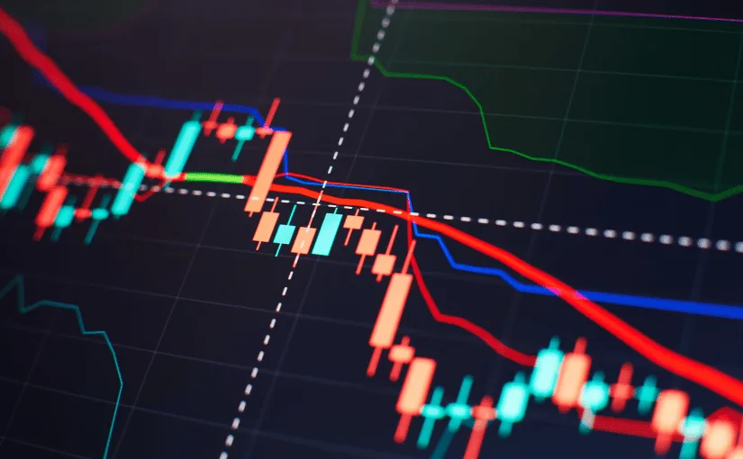 Candlestick-Charts und Trendlinien auf dunklem Hintergrund – Trading-Marktanalyse