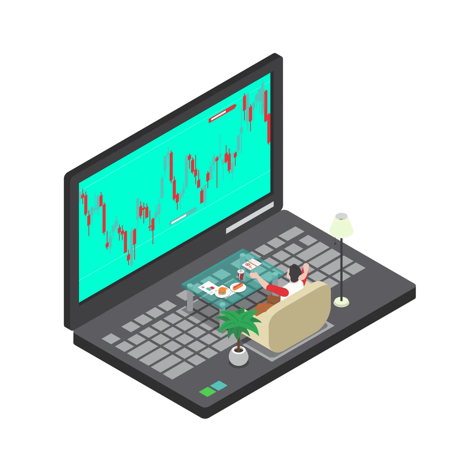 Isometrische 3D-Illustration Laptop mit Candlestick-Charts und Person im Trading-Umfeld