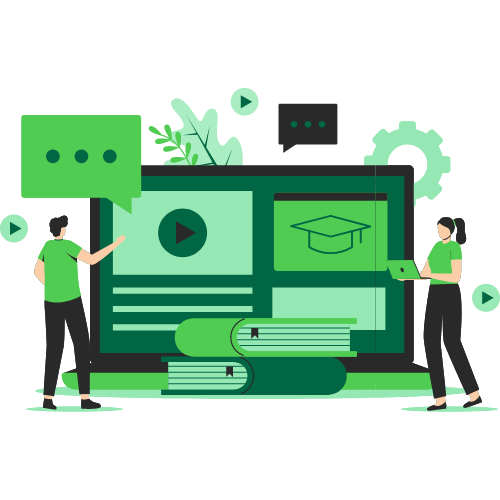 Illustrierte Online-Lernplattform mit Laptop, Personen und Lernmaterialien