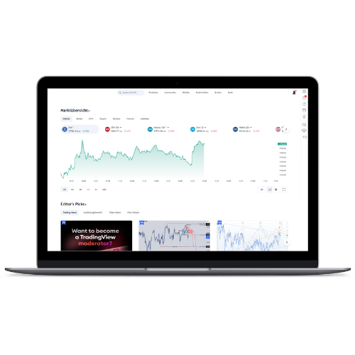 Laptop-Mockup zeigt TradingView Mastery Kursplattform mit Charts und Lektionen