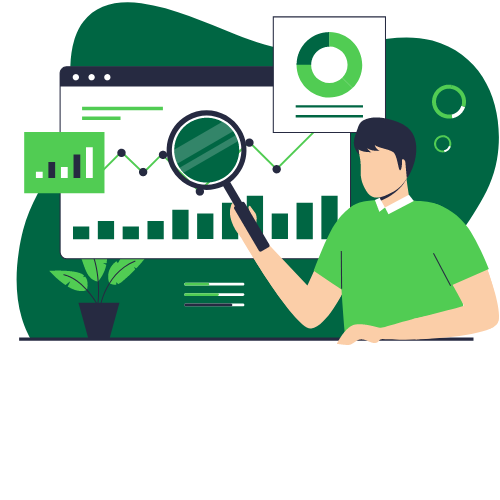 Illustration mit Person, Charts und Lupe – Symbol für Datenanalyse und Trading