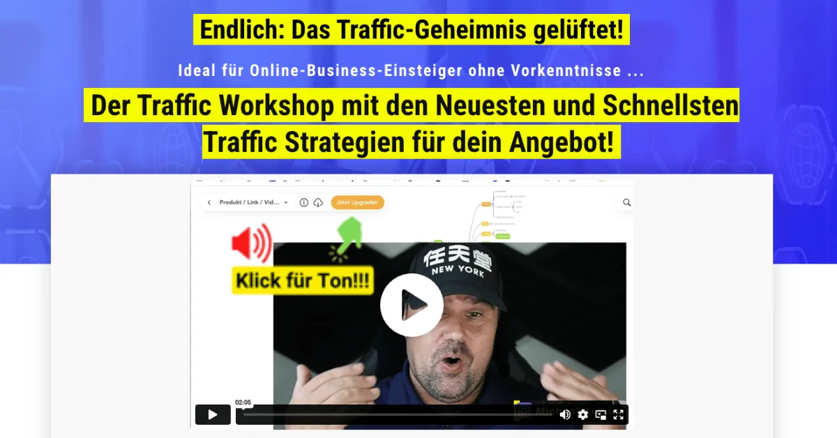 Hero-Banner zum Traffic Workshop von Michael Kotzur mit gelbem Text auf blauem Hintergrund und eingebettetem Video-Player