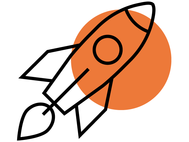 Rakete mit orangem Kreis symbolisiert Effizienz und schnelle Leistung