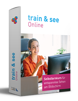 Produktbox train & see Online mit Frau in orangem Oberteil am Computer, Selbstlernkurs für entspanntes Sehen