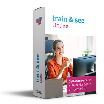 Produktbox train & see Online Basic mit Frau am Computer, Selbstlernkurs für entspanntes Sehen am Bildschirm