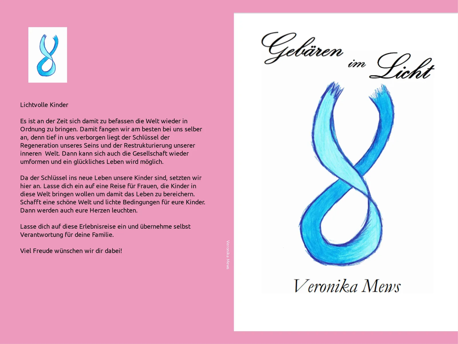 Buch-Cover Gebären im Licht mit blauem Unendlichkeits-Symbol und Text Lichtvolle Kinder auf rosa Hintergrund